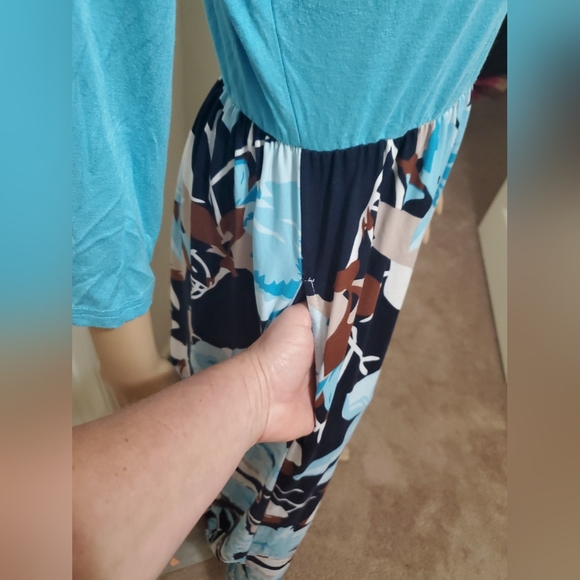 WNEEDU L aqua blue quarter sleeve scoopneck maxi floral skirt pockets - Picture 4 of 10